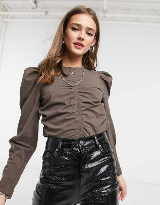 Pieces - Blouse froncée devant avec manches accentuées - Marron, 3 de 4
