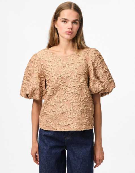 Pieces - Blouse met korte mouwen in geelbruin - view 1