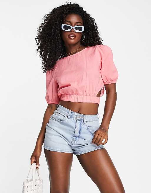 Pieces - Blouse met uitgesneden zijkant en pofmouwen in roze