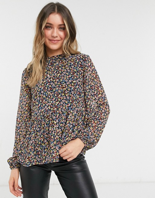 Pieces blouse with peplum in black ditsy floral