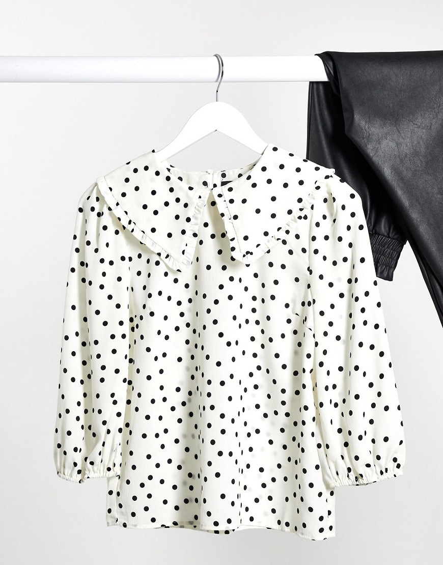 Pieces blouse with prairie collar in white polka dot-Multi