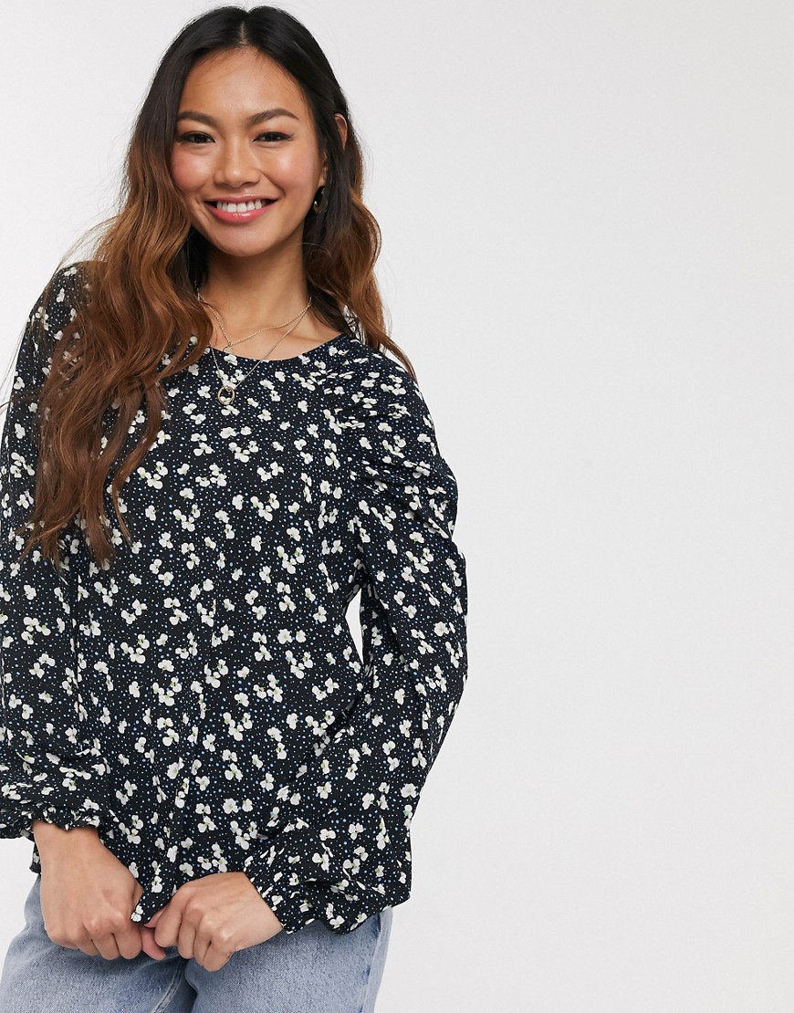Pieces blouse with puff sleeve detail in black spot and ditsy floral-Multi