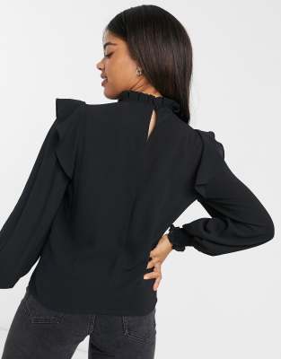 black high neck ruffle blouse