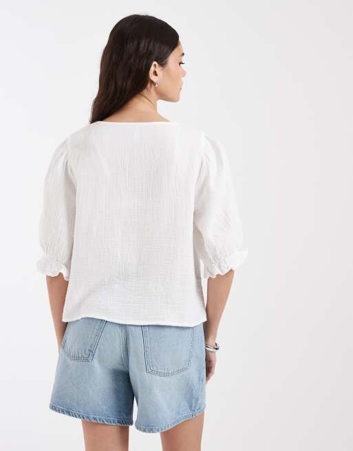 Pieces - Blusa bianca con maniche a sbuffo e bottoni sul davanti, 4 di 4