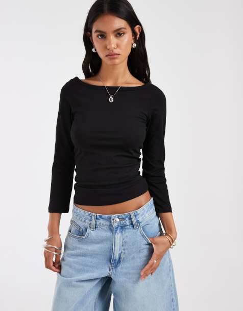 Pieces boat neck 3/4 sleeve top in black - view 1