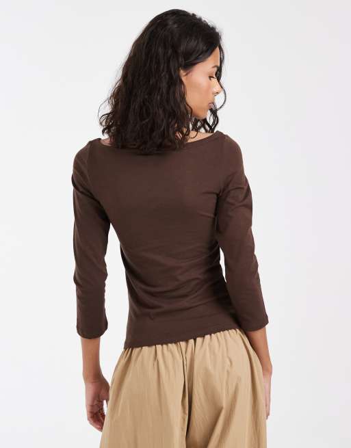 Pieces boat neck jersey top in chocolate brown, 4 of 4