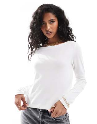 boat neck long sleeve top in cream-White