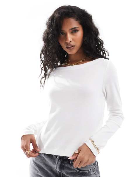 Pieces boat neck long sleeve top in cream - view 1