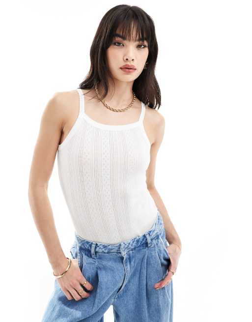 Pieces - Body color crema a coste con scollo quadrato
