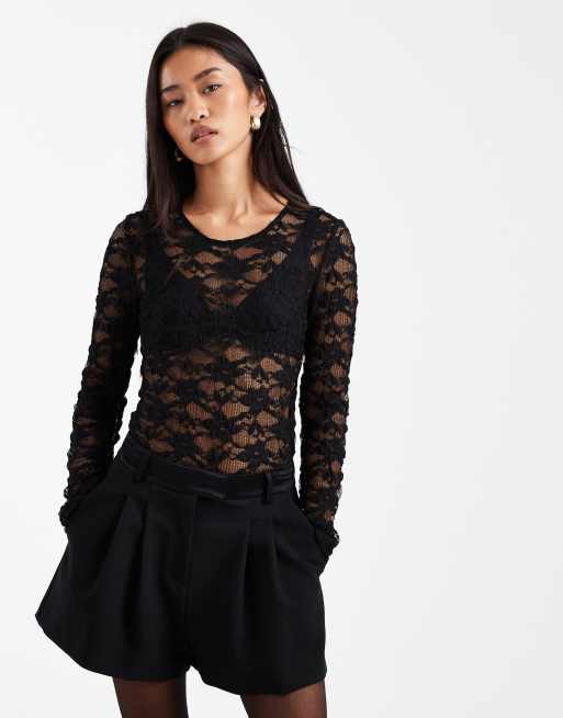 Pieces - Body in pizzo a fiori nero effetto trasparente, 3 di 4