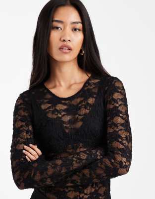 Pieces - Body transparent en dentelle fleurie - Noir