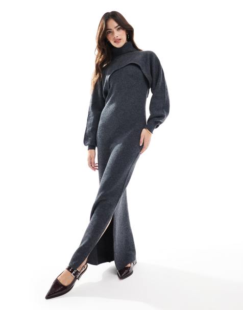 Pieces – Bodycon-Maxikleid aus Strickgewebe in Anthrazit mit Ringerrücken-Ausschnitt, Kombiteil - view 1