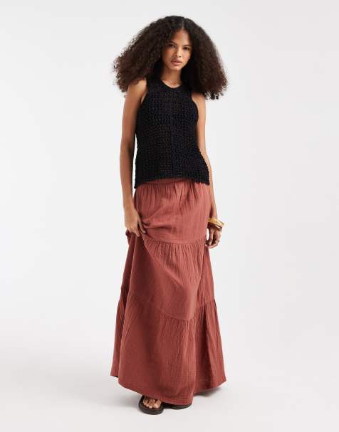 Pieces boho tiered maxi skirt in deep mahogany brown - view 1