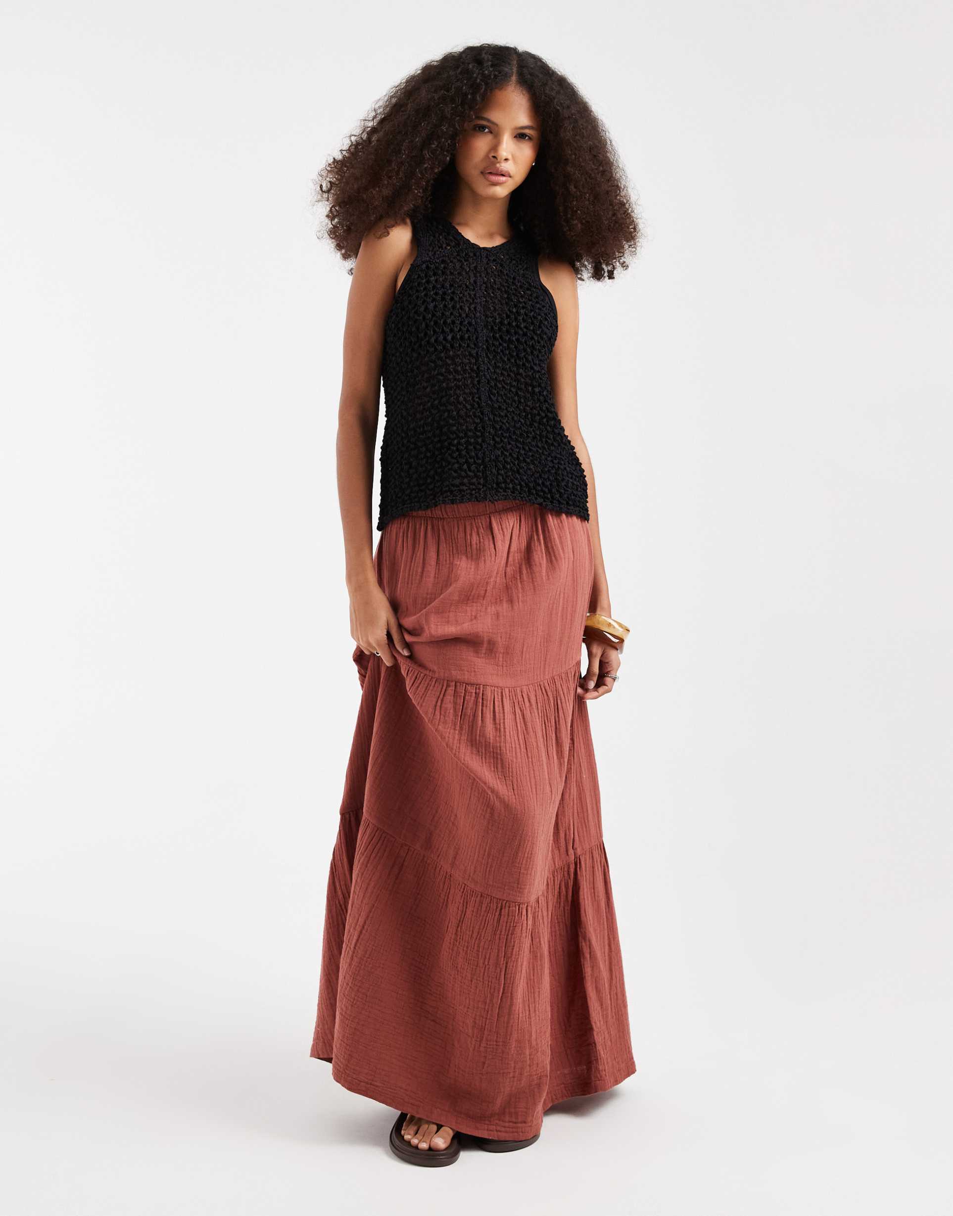 pieces boho tiered maxi skirt in deep mahogany brown