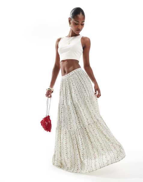 Pieces boho tiered maxi skirt in floral stripe print - view 1