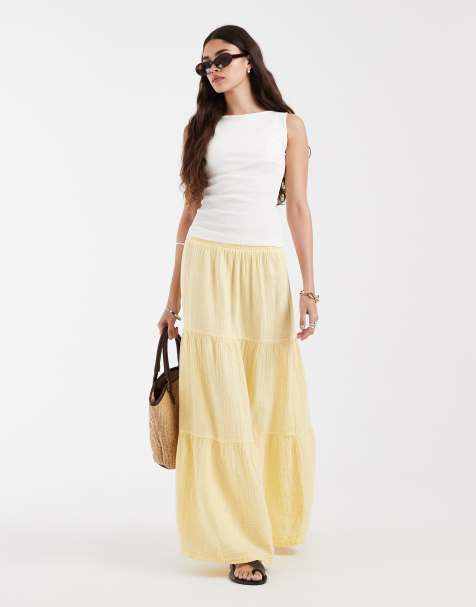 Pieces boho tiered maxi skirt in pastel yellow - view 1