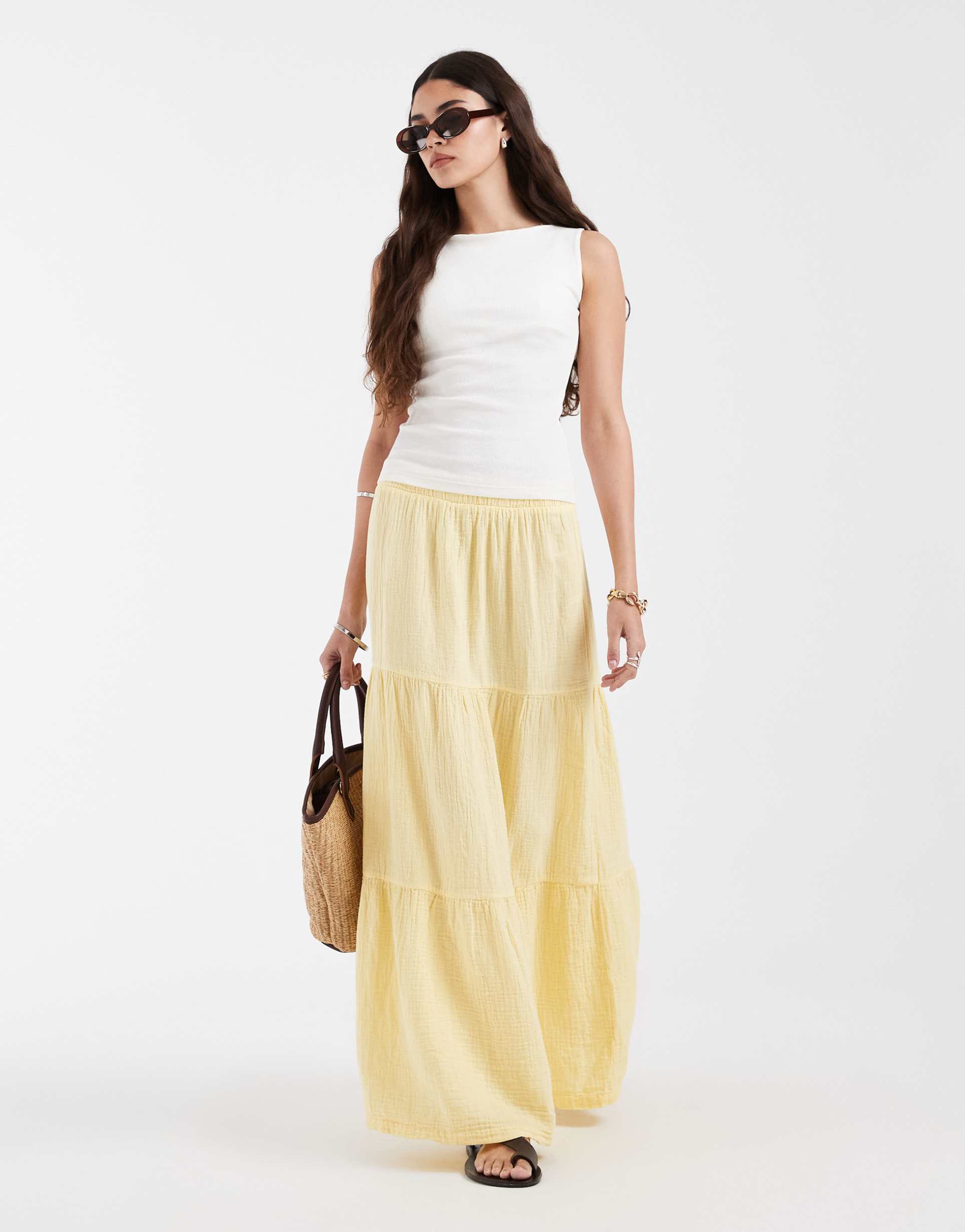pieces boho tiered maxi skirt in pastel yellow