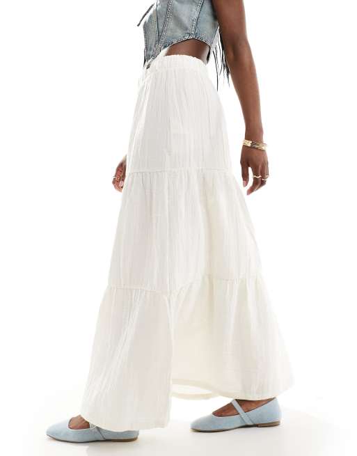 Pieces boho tiered maxi skirt in white