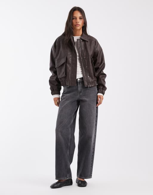 Pieces bomber en imitation cuir avec détail de poche, marron chocolat, 3 de 4