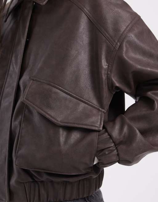 Pieces Bomberjacke aus Kunstleder mit Taschen-Detail in Schokobraun, 4 von 4