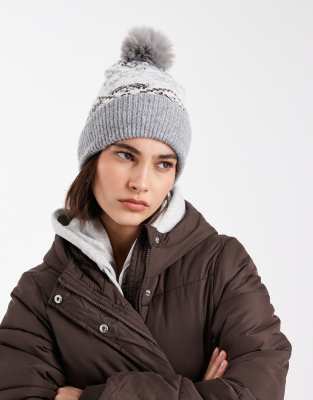 Pieces - Bommelmütze in Hellgrau mit Norwegermuster