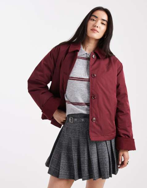 Pieces short jacket with cord collar detail in burgundy