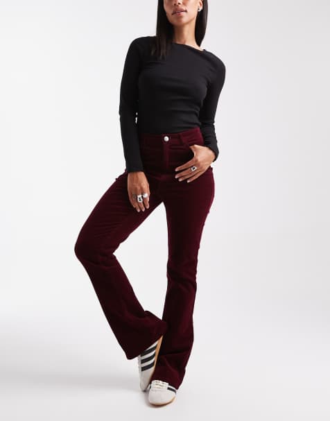 Pieces velvet cord trousers in burgundy