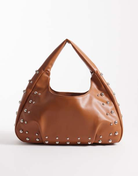 Pieces - Borsa da spalla extra larga marrone con borchie dorate - view 1