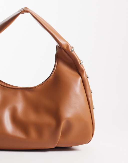 Pieces - Borsa da spalla extra larga marrone con borchie dorate, 3 di 4