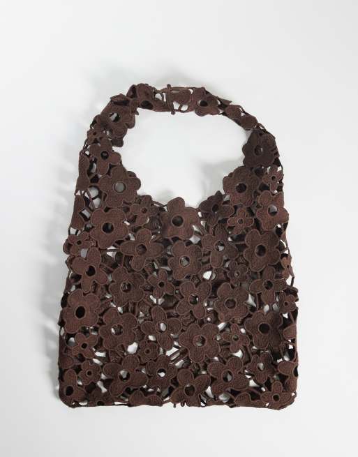 Pieces - Borsa morbida in pizzo a fiori marrone cioccolato
