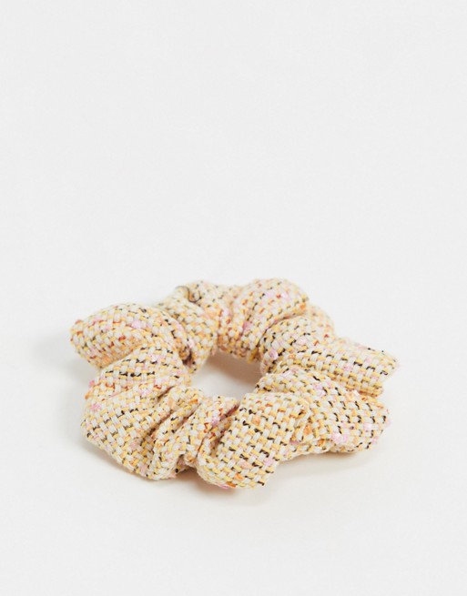 Pieces boucle scrunchie in pale cream and pink