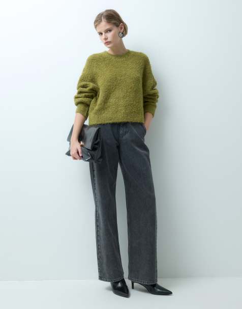 Pieces bouclé-striktrøje med uld i mosgrøn - view 1