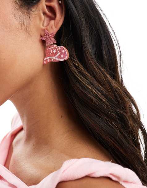 Pieces - Boucles d'oreilles pailletées façon chapeau de cowgirl avec détail cœur - Rose - view 1