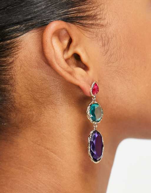 Pieces - Boucles d'oreilles pendantes avec pierres - Doré/multicolore