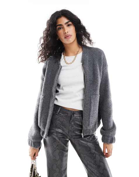 Pieces boucles fluffy knitted jacket in dark gray - view 1