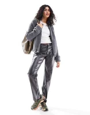 Pieces Boucles Fluffy Knitted Jacket In Gray