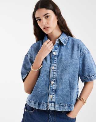 Pieces Boxy Denim Shirt In Blue