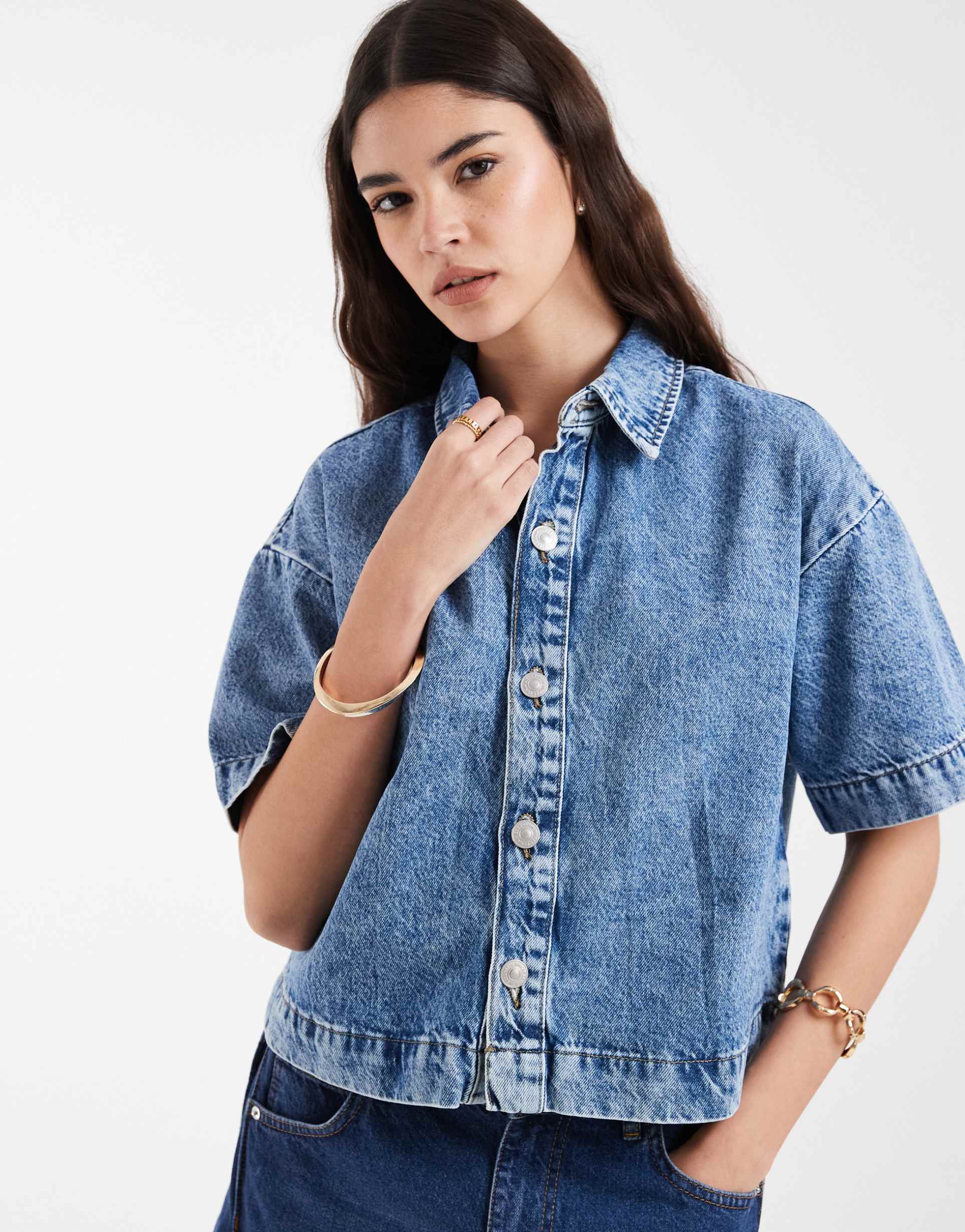 pieces boxy denim shirt in medium blue