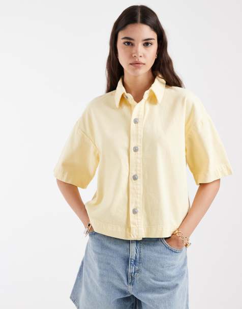 PIECES boxy denim shirt in pale yellow - view 1