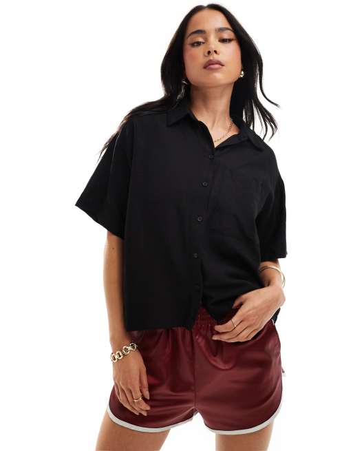 Pieces – Boxy Fit Hemd in Schwarz mit Leinen-Haptik