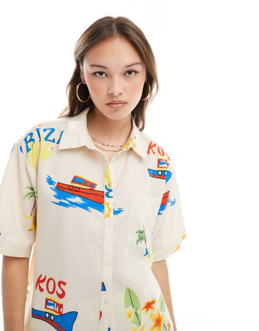 Pieces boxy fit shirt in summer vacation print - part of a set, 3 of 4