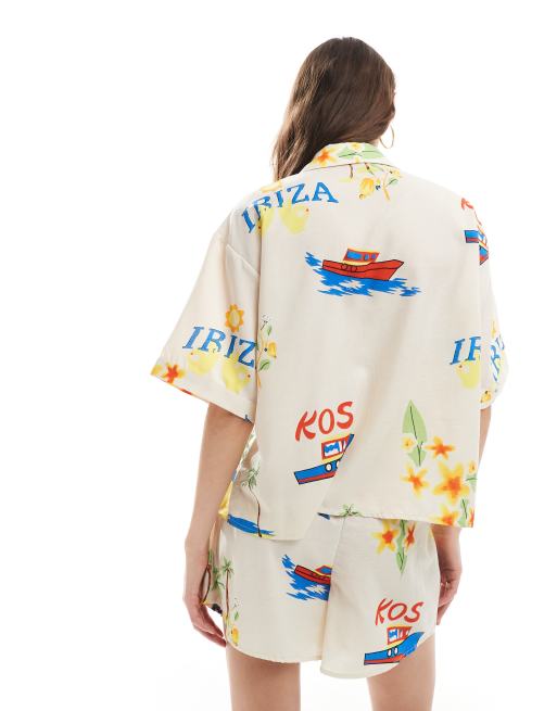 Pieces boxy fit shirt in summer vacation print - part of a set