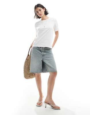 Pieces Boxy Fit Tee With Broderie Sleeves