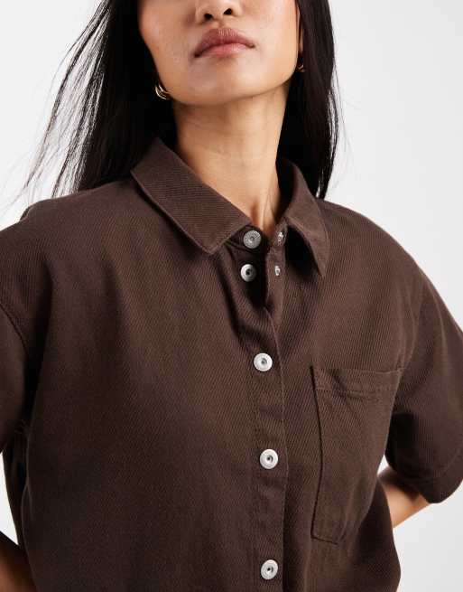 Pieces - Boxy overhemd van getextureerde twill met korte mouwen in bruin, deel van co-ord set, 2 van 4