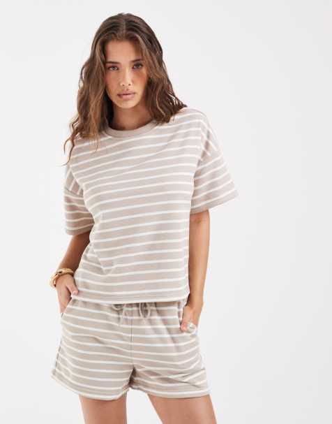 Pieces boxy sweat T-shirt zestaw w beżowo-białe paski - view 1