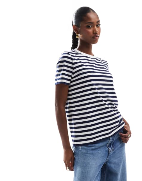 Pieces boxy t-shirt in blue and white stripe - view 1
