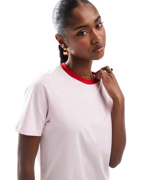 PIECES boxy t-shirt in pink with red trim - view 1