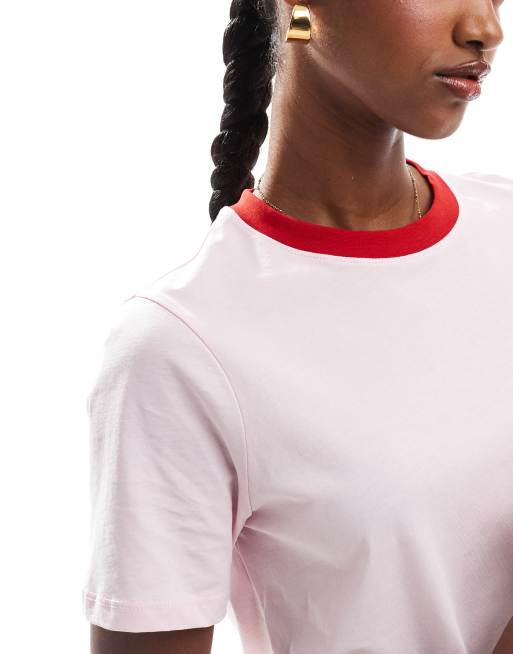 Pieces boxy T-shirt in pink with red trim, 3 of 4