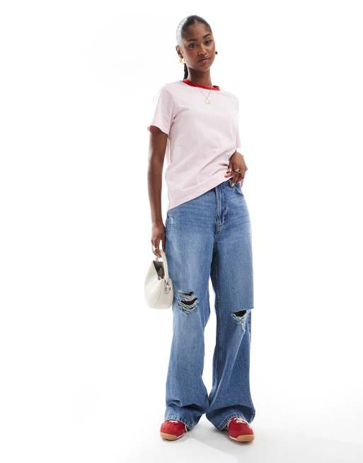 Pieces boxy T-shirt in pink with red trim, 4 of 4