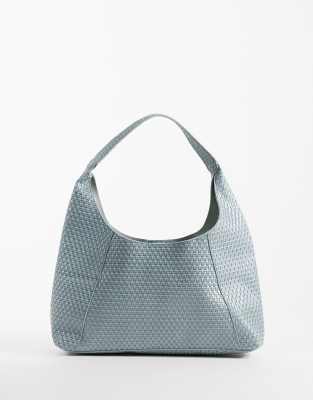 Pieces Braided Woven Faux Leather Slouchy Bag In Blue